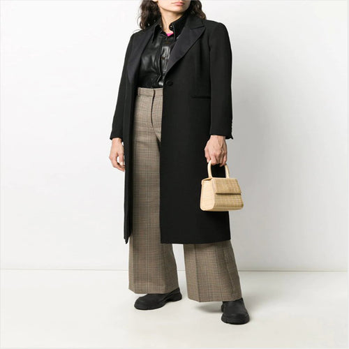 Damen Eleganter Einreihiger Longmantel im Smokingschnitt mit schmalem Revers und Satinbesatz Drune