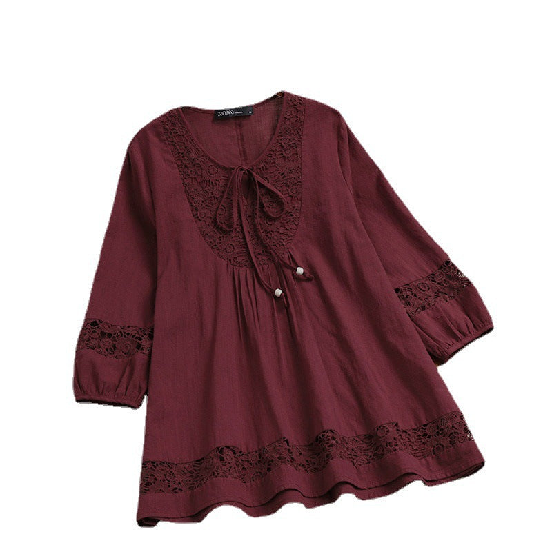 Damen Lässige Tunika-Bluse mit Häkelspitze, Bindekragen und dreiviertel Ärmeln Drune
