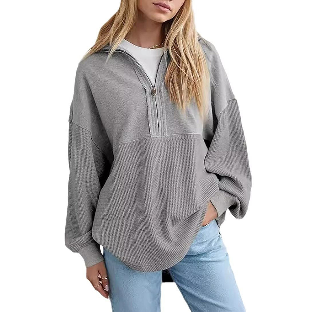 Damen Oversize-Halbzip-Pullover mit Waffelstrick-Einsätzen Drune