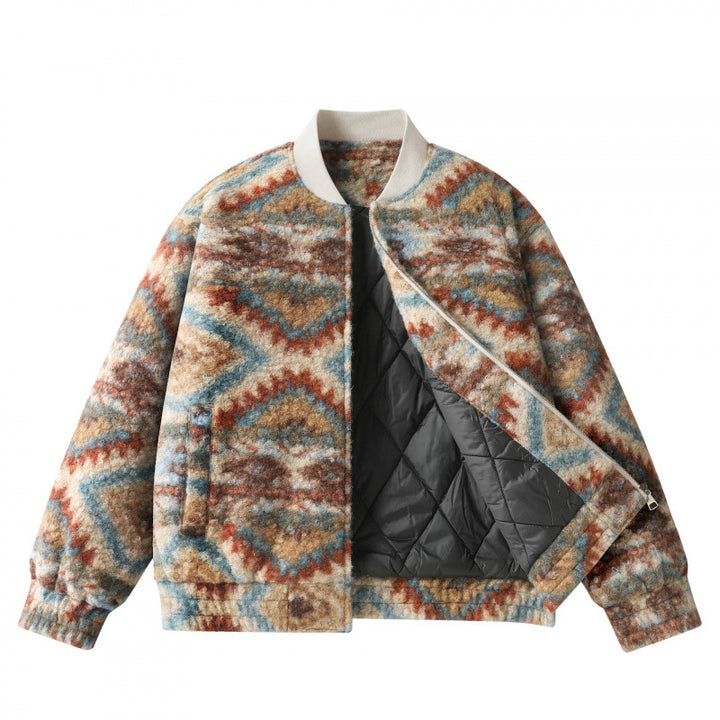 Unisex Boxy-Fleece‑Bomberjacke mit Aztekenmuster und Reißverschluss Drune