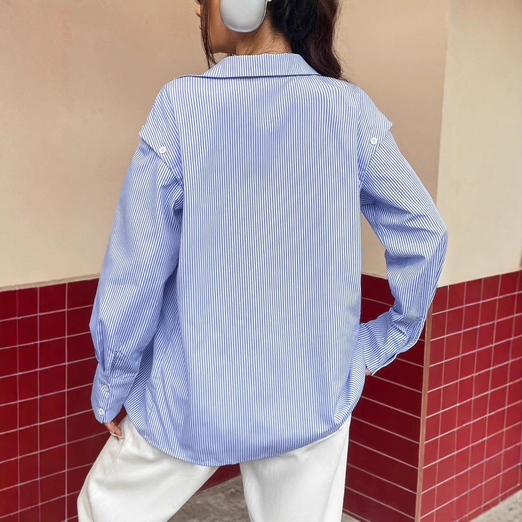 Damen lässige gestreifte Bluse mit übergroßem Schnitt und Knopfdetails Drune