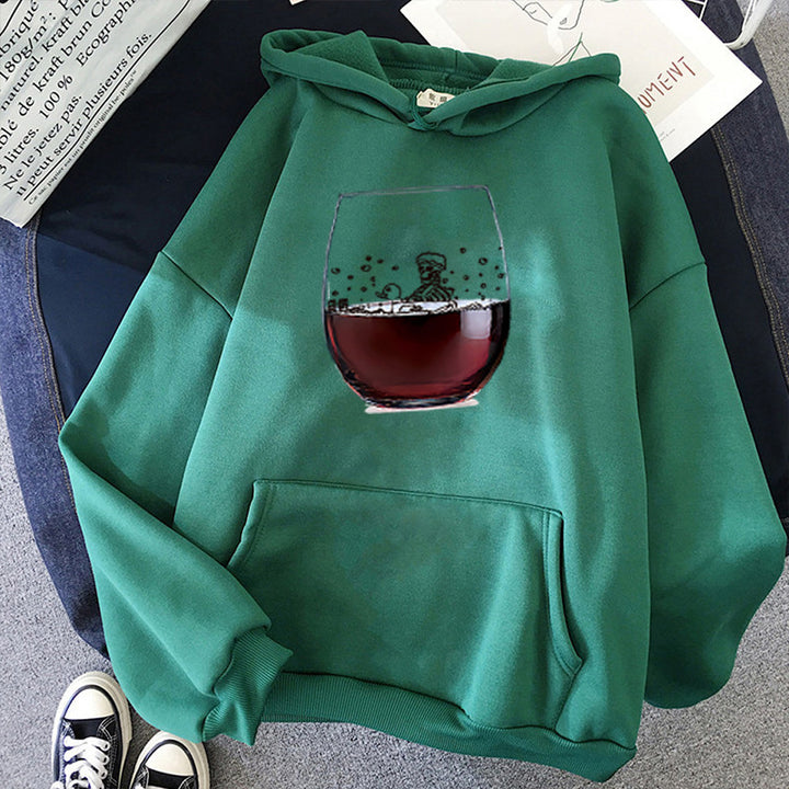 Damen nan lässiger Kapuzenhoodie mit fotorealistischer Weinglas‑Grafik, Kängurutasche und weichem Fleece Drune