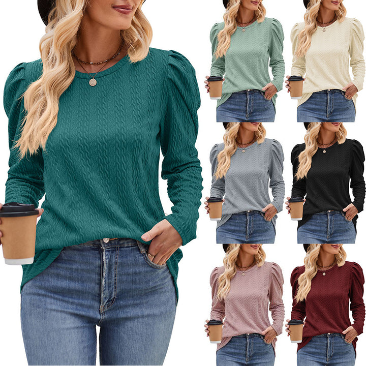 Damen elegantes Langarmshirt mit strukturiertem Muster und Puffärmeln Drune