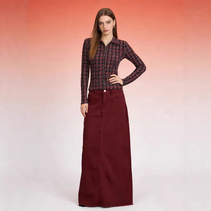 Damen Maxi-Denim-Rock mit hohem Bund und fransigem Saum