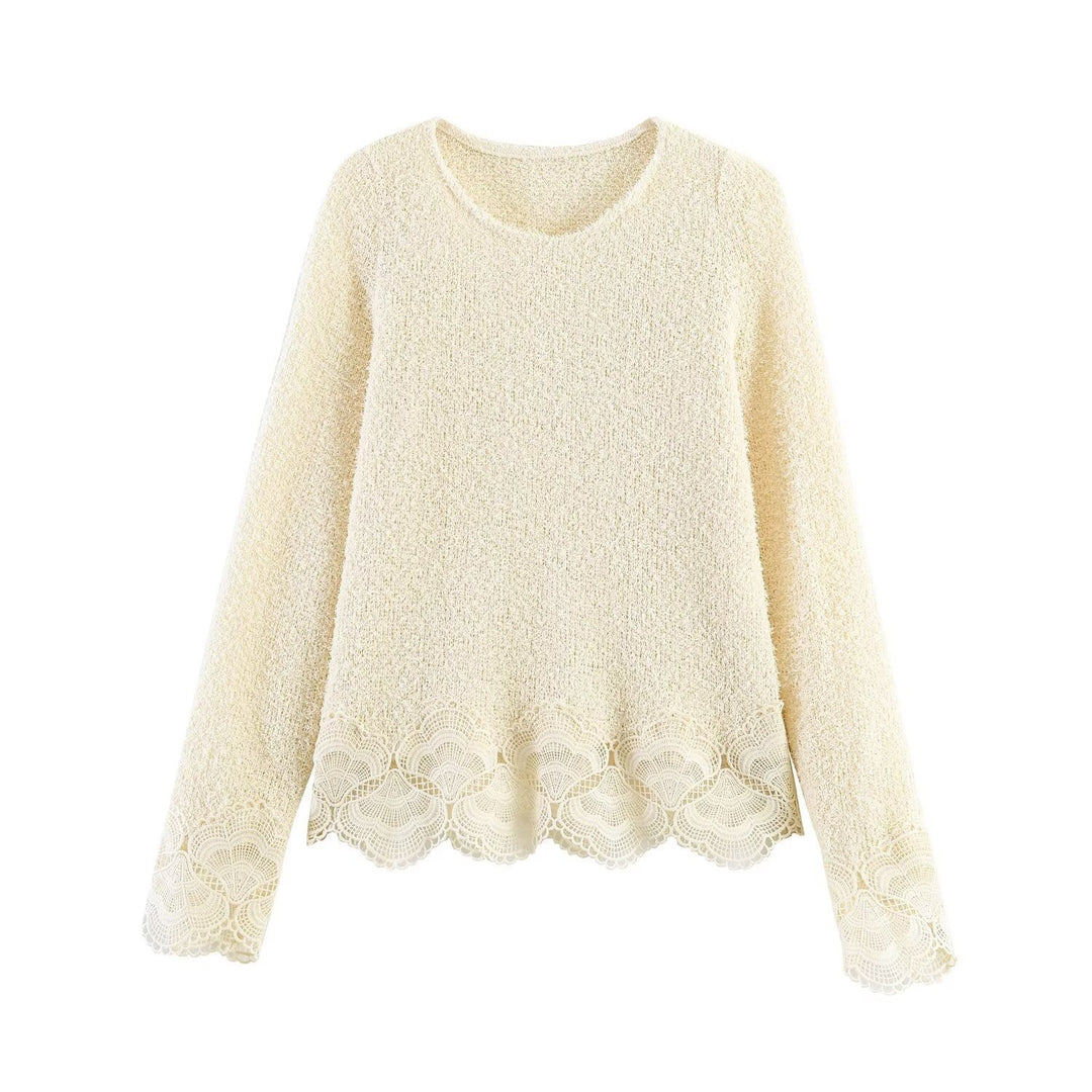 Damen Bouclé-Strickpullover mit Spitzenbesatz und gewelltem Saum Drune