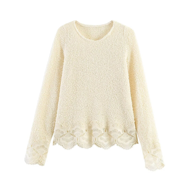Damen Bouclé-Strickpullover mit Spitzenbesatz und gewelltem Saum Drune