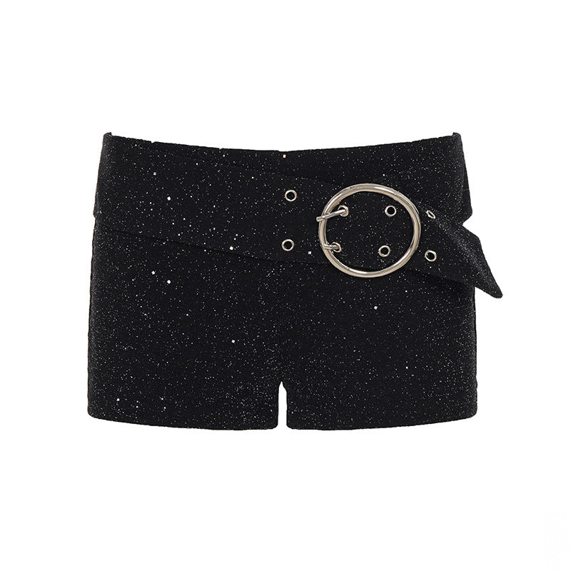 Damen Glitzernde Mini-Shorts mit dekorativer Schnalle und funkelndem Design Drune