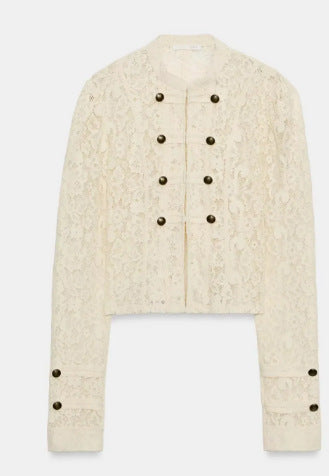 Damen Kurze Spitzenjacke im Military‑Look mit Stehkragen und Zierknopfleiste Drune