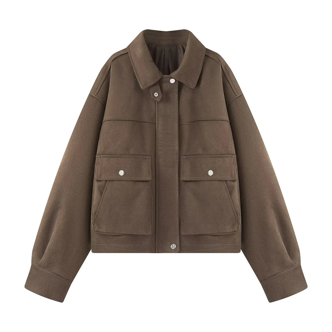 Damen nan boxy kurze Utility-Jacke mit großen Pattentaschen, Druckknopfleiste und überschnittener Schulter Drune