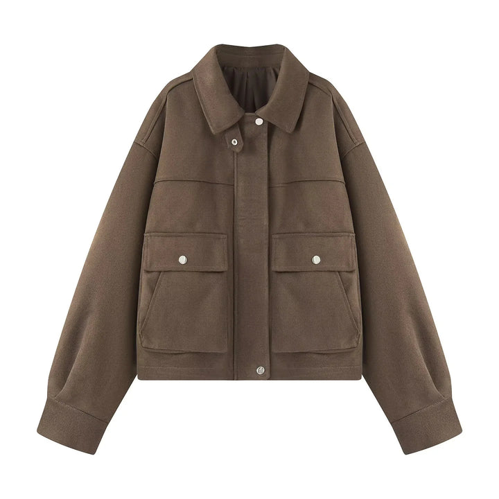 Damen nan boxy kurze Utility-Jacke mit großen Pattentaschen, Druckknopfleiste und überschnittener Schulter Drune