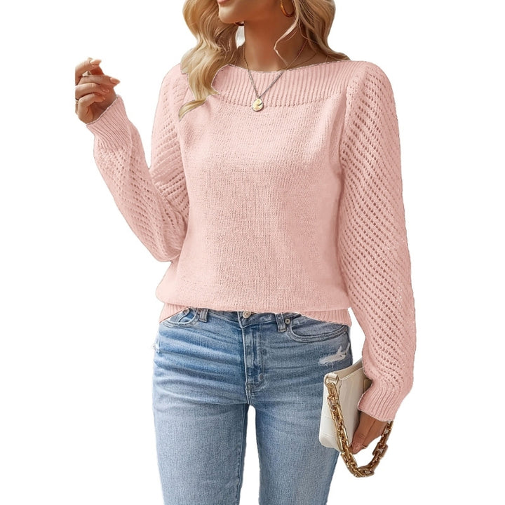 Damen nan feiner Strickpullover mit Ajour- Puffärmeln und U-Boot-Ausschnitt Drune