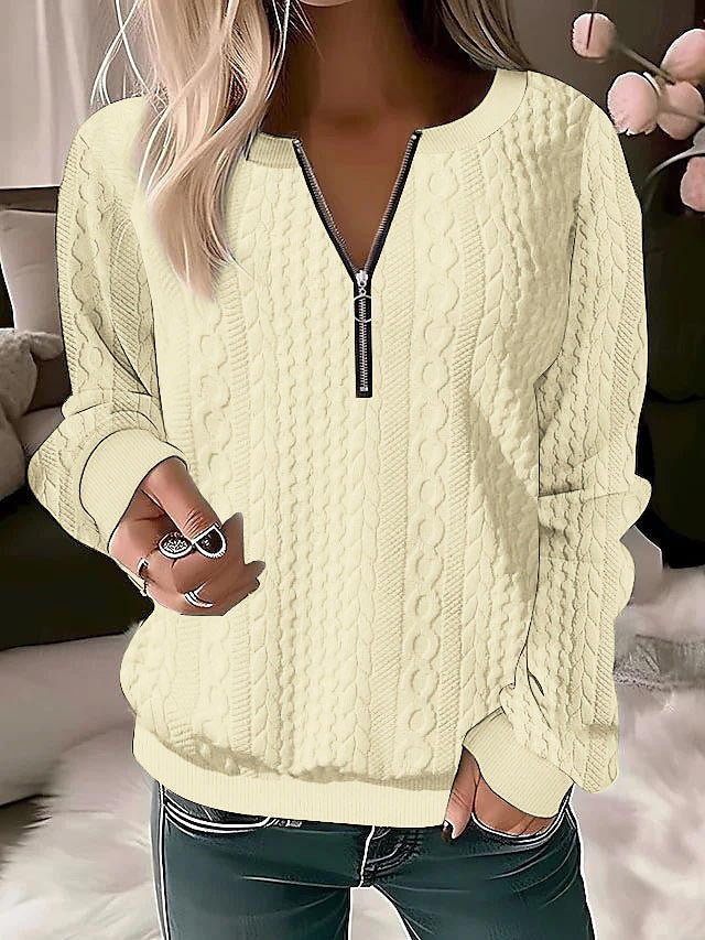 Damen Strickpullover mit Zopfmuster und halbem Reißverschluss Drune