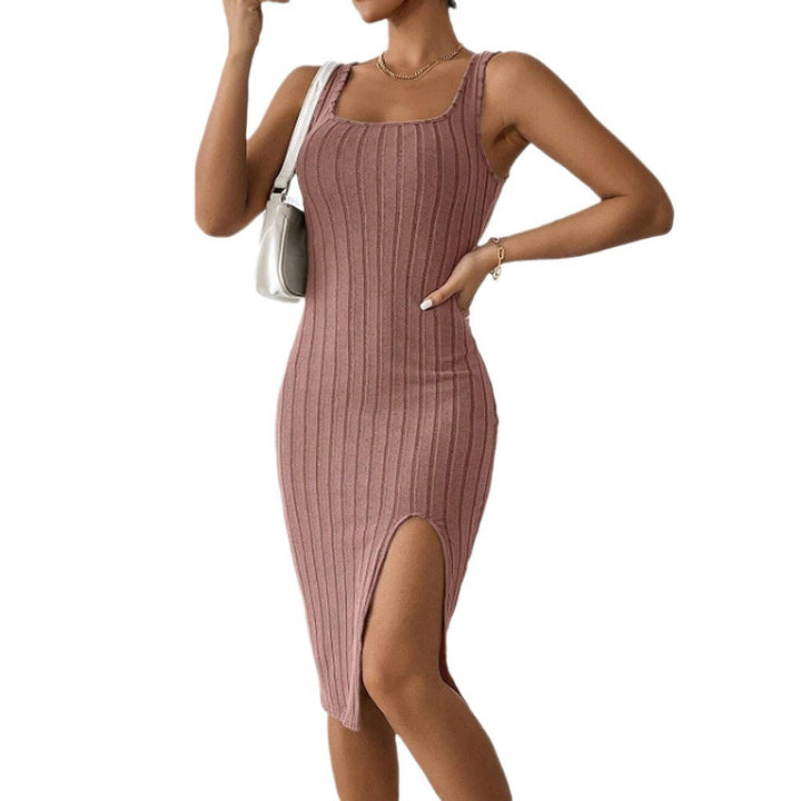 Damen Enganliegendes Ripp-Kleid mit Seitenschlitz und Spaghetti-Trägern Drune