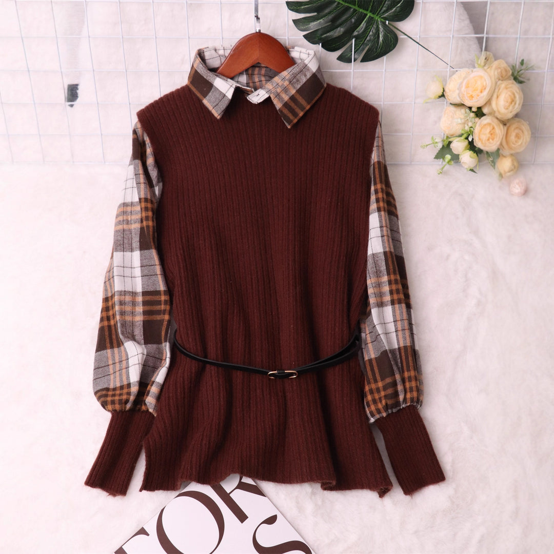 Damen modischer Strickpullover mit ausgefallenem Karohemd und elastischem Taillengürtel Drune