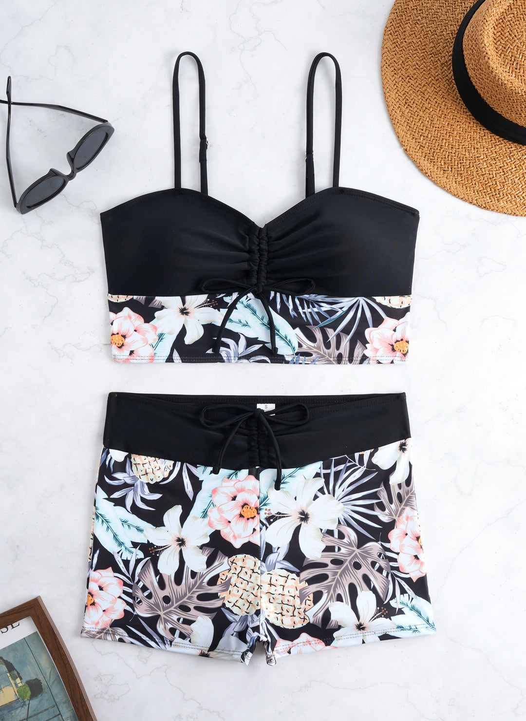 Damen Bikini-Set mit modischer Raffung und hoch taillierter Shorts Drune