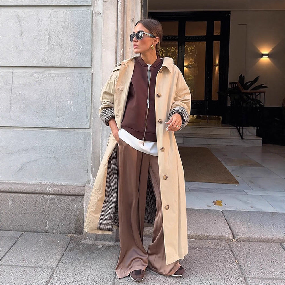 Damen Maxilanger Trenchcoat mit Karofutter, weitem Fall & klassischer Knopfleiste Drune
