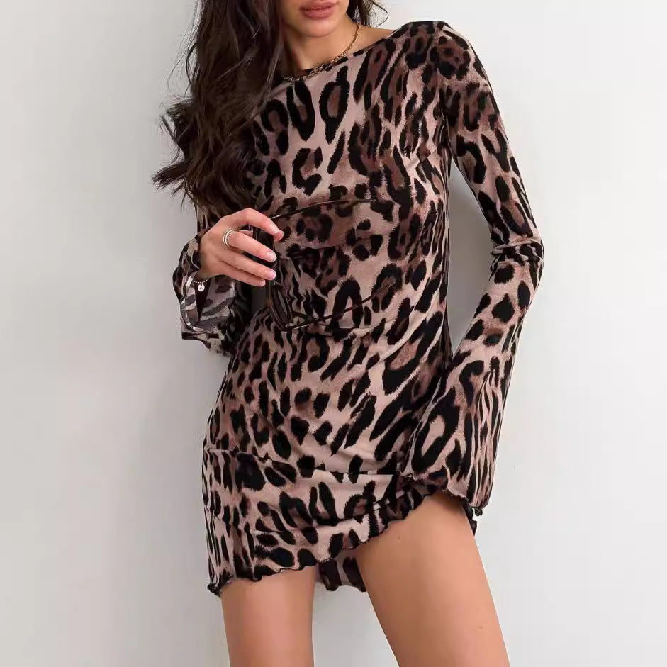 Damen Minikleid mit weit ausgestellten Ärmeln und Leopardenmuster Drune