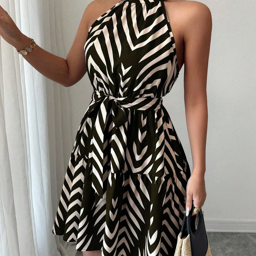 Damen Gestuftes Chiffon‑Sommerkleid mit Neckholder, Taillengürtel und grafischem Print Drune