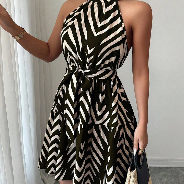 Damen Gestuftes Chiffon‑Sommerkleid mit Neckholder, Taillengürtel und grafischem Print Drune
