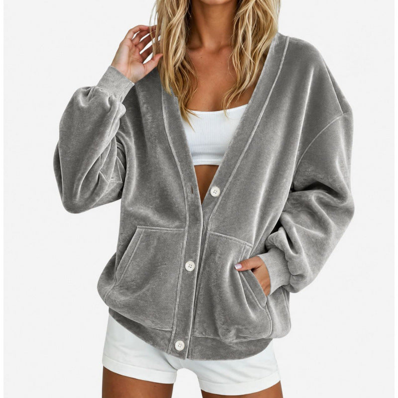 Damen Oversize-Relax-Cardigan aus Velours mit Knopfleiste und Eingrifftaschen Drune
