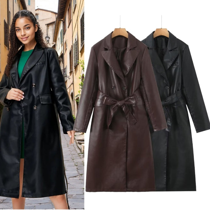 Damen Kunstleder Trenchcoat mit Taillengürtel und eleganter Taschennaht Drune