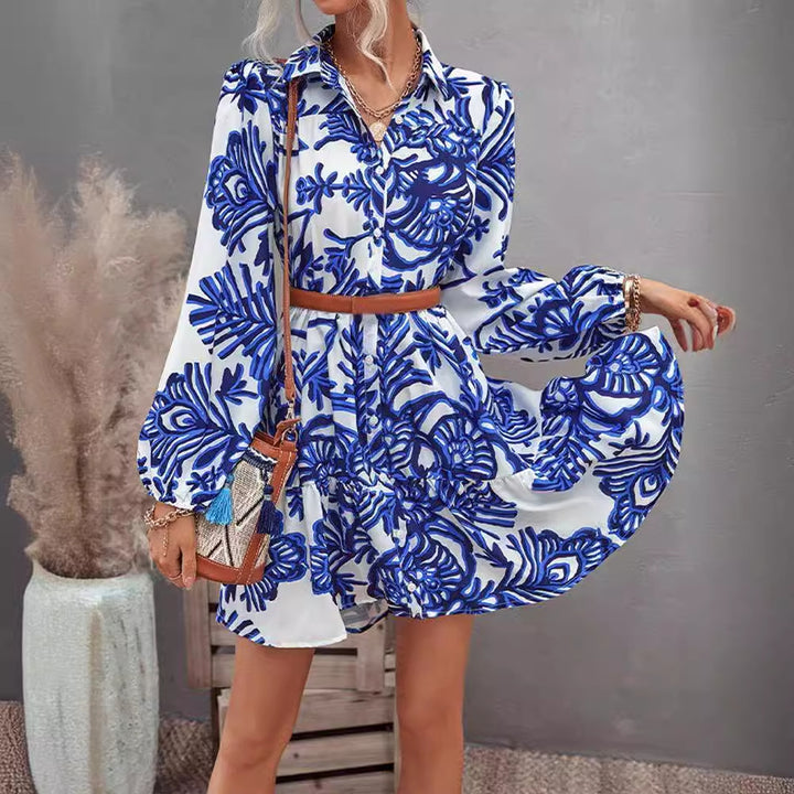 Damen lässiges Hemdkleid mit voluminösen Ärmeln und durchgehendem Knopfverschluss Drune
