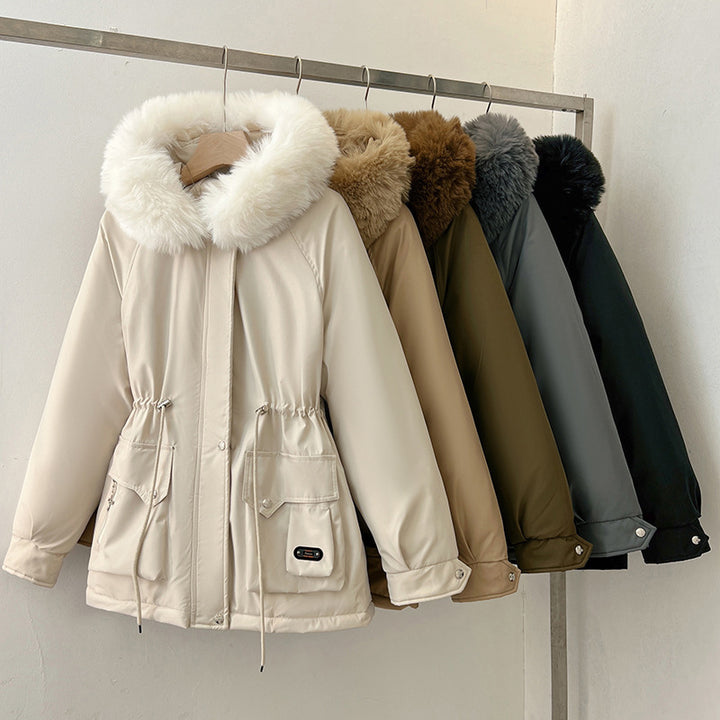 Damen Wattierter Parka mit Tunnelzugtaillierung, Kapuze und voluminösem Kunstfellkragen Drune