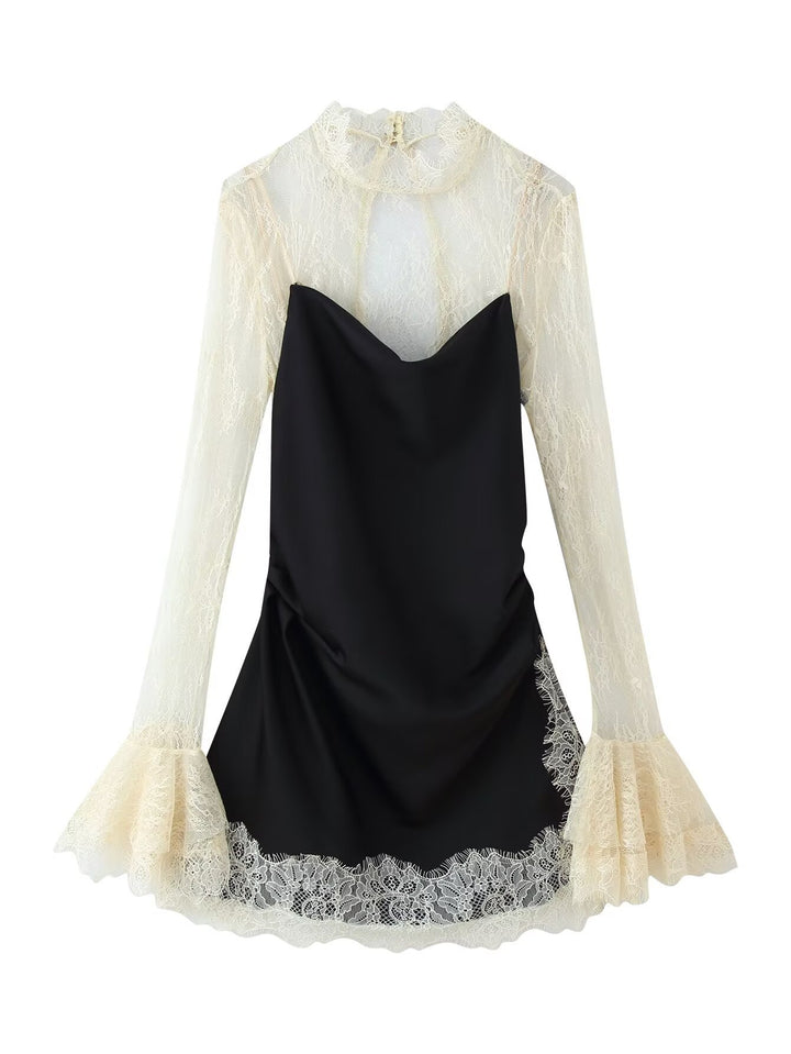 Damen Elegantes Slipkleid mit Spitzen-Overlay, Stehkragen und Volantärmeln Drune