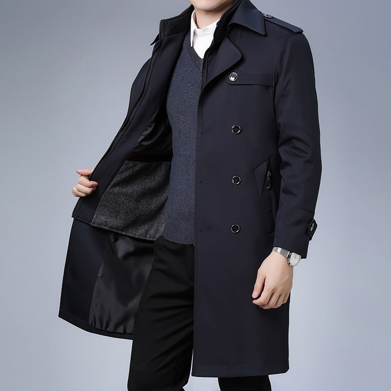 Herren Trenchcoat langer Doppelreiher mit Reverskragen und Epauletten Drune
