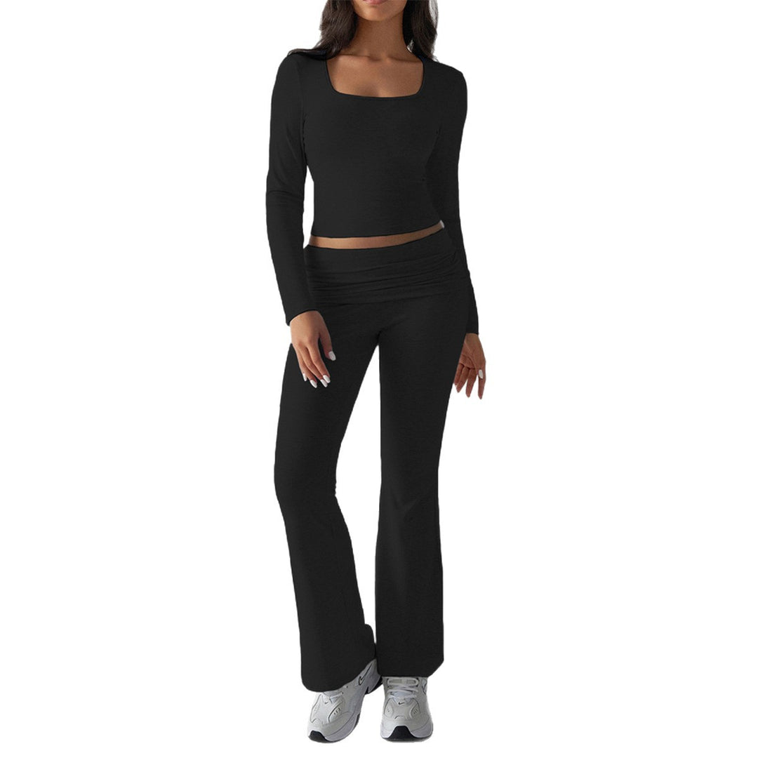 Damen nan figurbetontes Cropped-Set mit langärmeligem Top mit quadratischem Ausschnitt und ausgestellter High‑Waist Yoga-Hose Drune