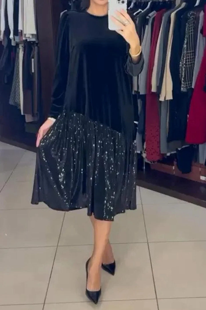 Damen nan Samt-Midikleid mit plissiertem Paillettenrock, lockerem A-Linien-Schnitt und Rundhalsausschnitt Drune