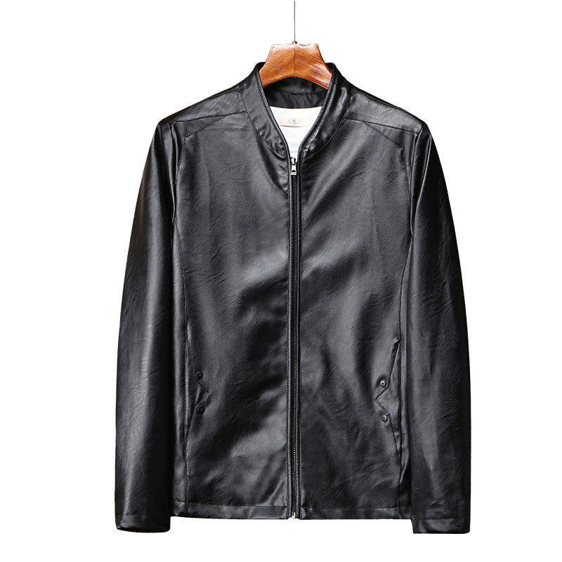 Herren schlanker Kunstleder‑Moto‑Blouson mit Stehkragen und Reißverschluss‑Taschen Drune
