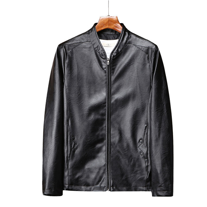 Herren schlanker Kunstleder‑Moto‑Blouson mit Stehkragen und Reißverschluss‑Taschen Drune