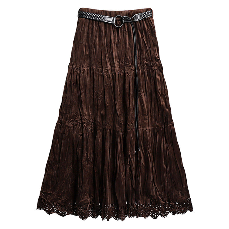 Damen nan gestufter Maxirock mit Crinkle‑Textur, elastischem Komfortbund, zarter Lochspitzen‑Saumkante und geflochtenem Taillengürtel Drune