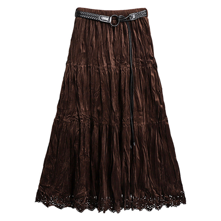 Damen nan gestufter Maxirock mit Crinkle‑Textur, elastischem Komfortbund, zarter Lochspitzen‑Saumkante und geflochtenem Taillengürtel Drune