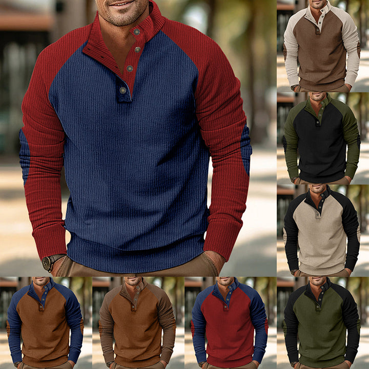Herren Warmer Waffelstruktur-Henleypullover mit Kontrast-Raglanärmeln & Stehkragen Drune