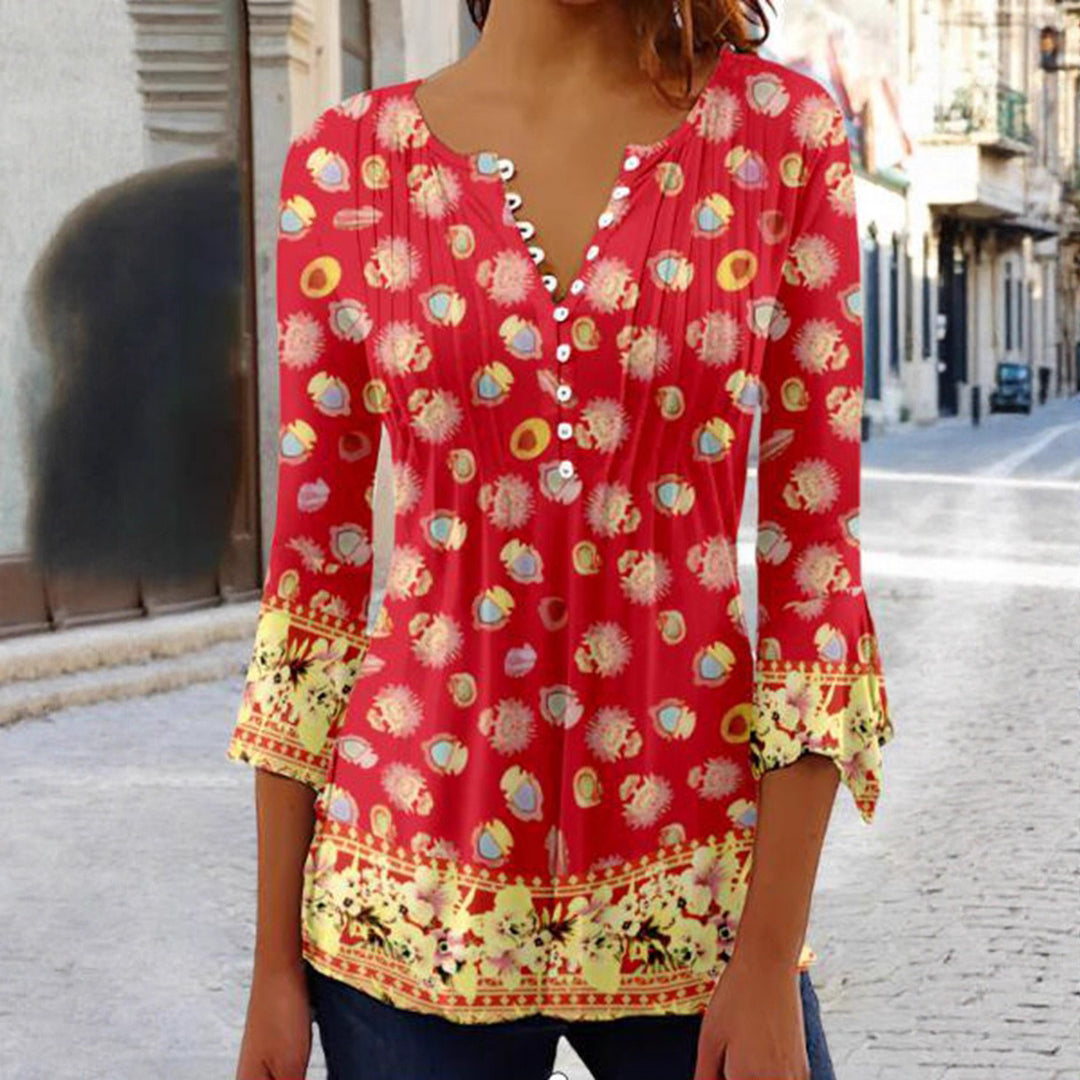 Damen nan leichte Boho-Bluse mit V-Ausschnitt, Zierfalten, Knopfleiste und dreiviertelärmeln Drune