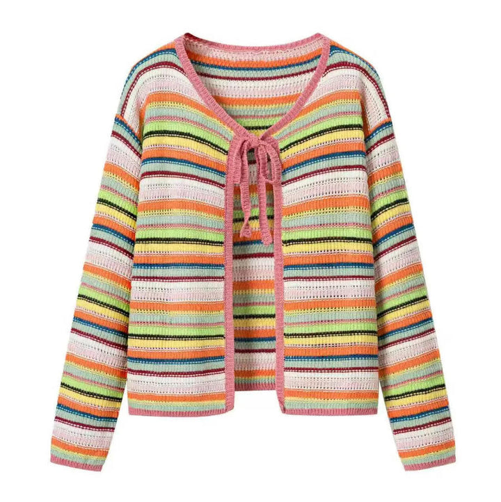 Damen Bunte Cropped Ajourstrick‑Cardigan mit Bindeband und geripptem Saum Drune