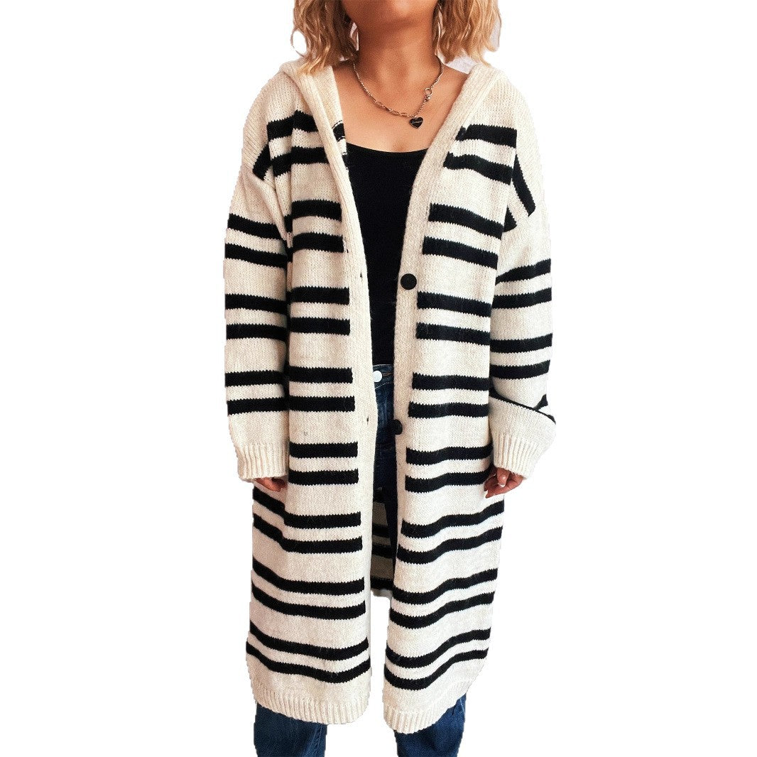 Damen gemütlicher Strickcardigan mit modischem Streifenmuster und Kapuze Drune