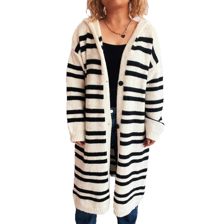 Damen gemütlicher Strickcardigan mit modischem Streifenmuster und Kapuze Drune