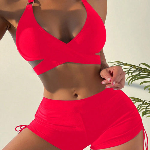 Damen Hochwertiges Sport-Bikini-Set mit modischem Kreuzdesign und verstellbaren Trägem Drune