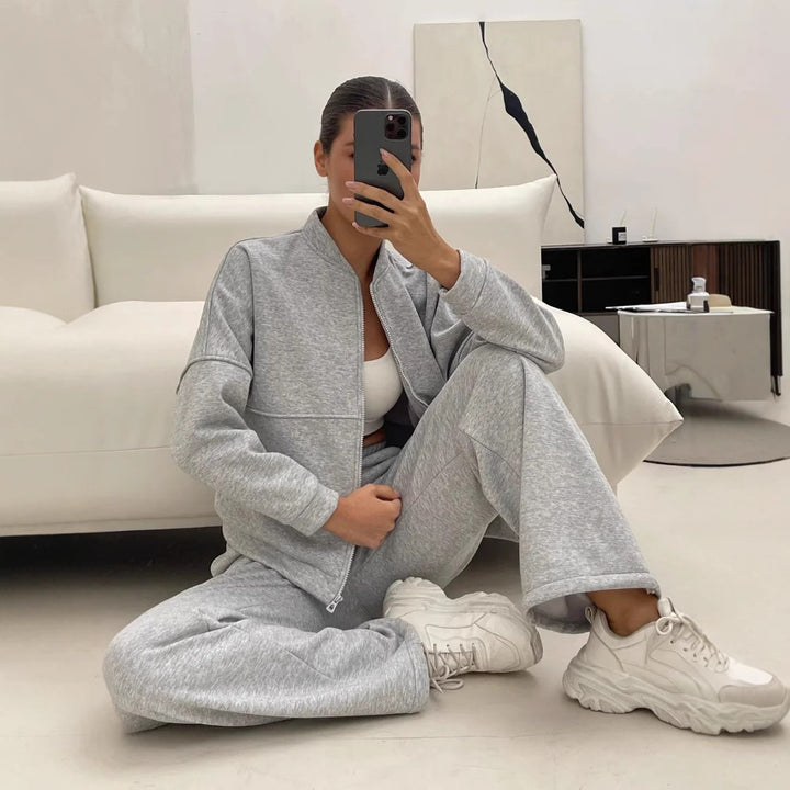 Damen lässiges Zip-Lounge-Set mit Stehkragen und weitem Highwaist-Joggpant Drune