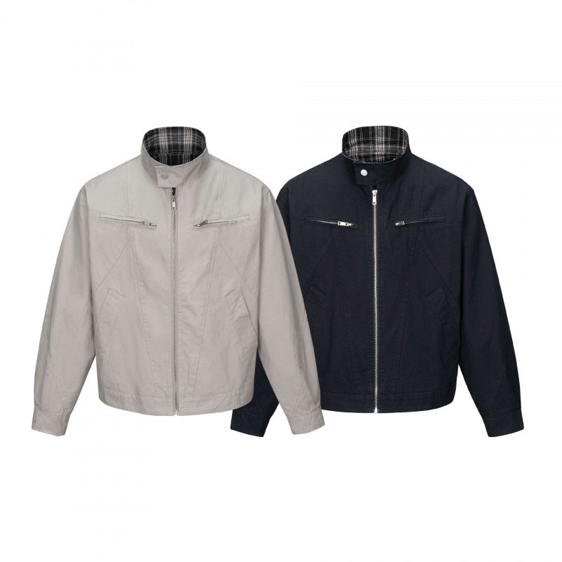 Herren Kurz geschnittene Canvas-Blousonjacke mit Stehkragen, Reißverschlusstaschen und kariertem Futter Drune