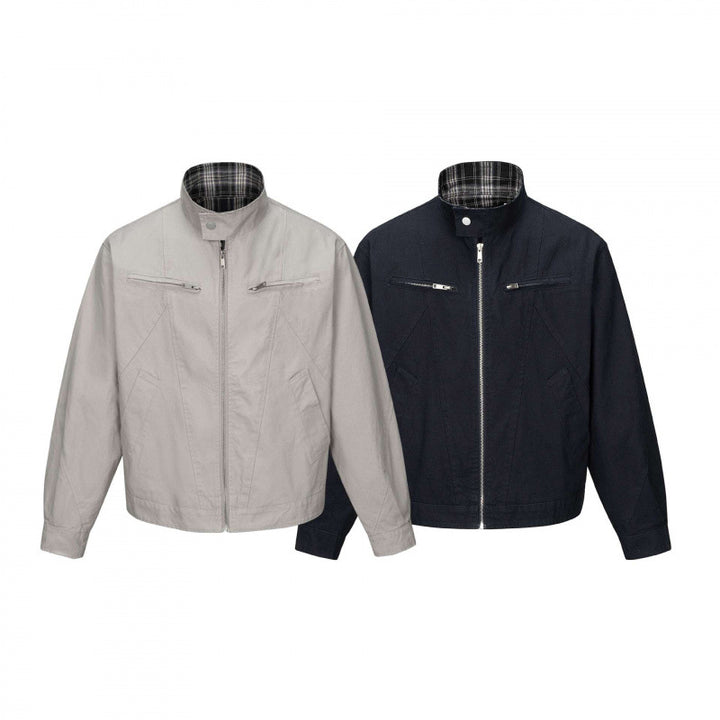 Herren Kurz geschnittene Canvas-Blousonjacke mit Stehkragen, Reißverschlusstaschen und kariertem Futter Drune