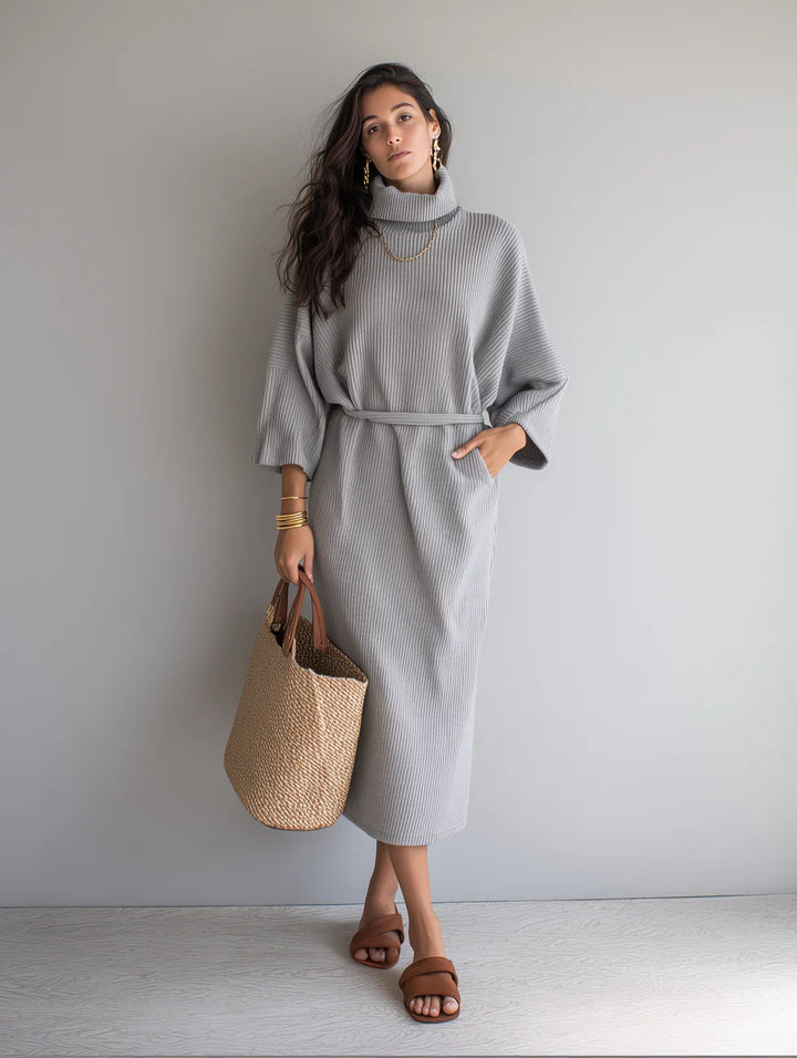 Damen Midilanges Rippenstrickkleid mit Rollkragen, Dreiviertelärmeln und Bindegürtel Drune