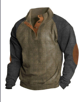 Herren nan rustikaler Raglan-Strickpullover mit Kurzknopfleiste und Veloursbesatz Drune