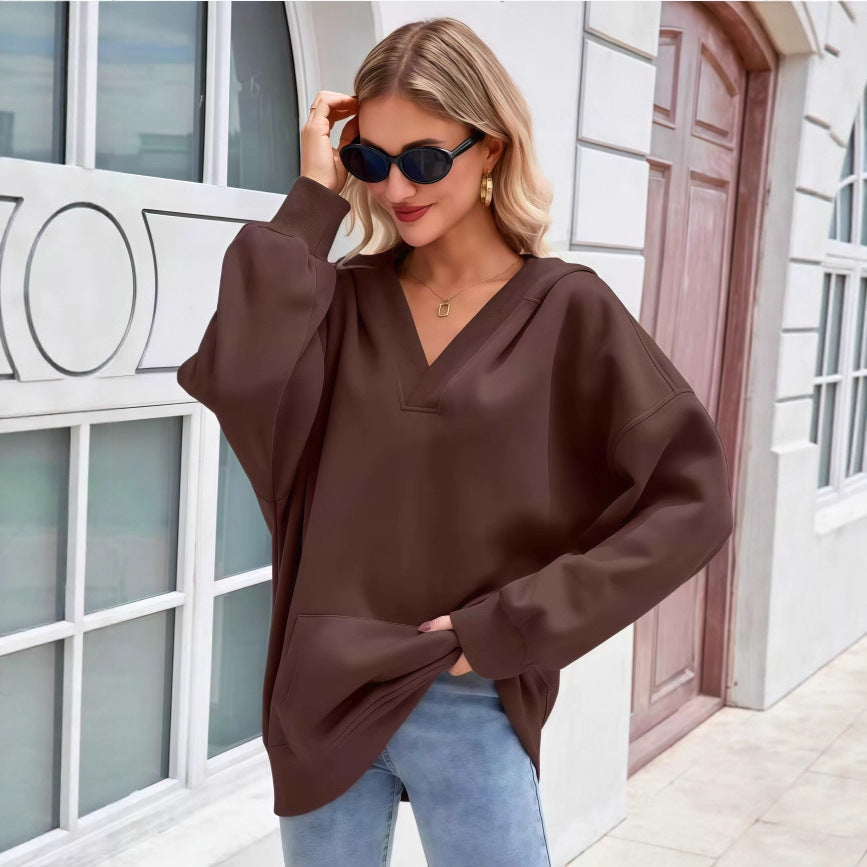 Damen Oversize V-Ausschnitt Hoodie mit Kapuze, Kängurutasche und verlängertem Saum Drune