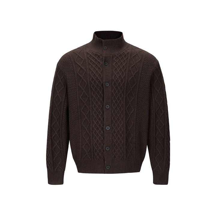 Herren Strickcardigan mit Zopfmuster, Stehkragen und knöpfbarer Front Drune