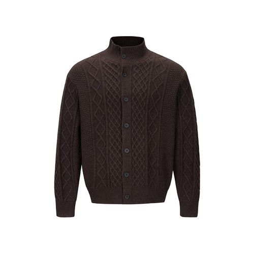 Herren Strickcardigan mit Zopfmuster, Stehkragen und knöpfbarer Front Drune