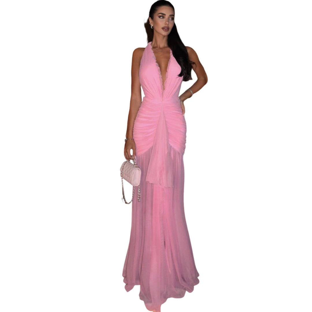 Damen Maxikleid mit tiefem V-Ausschnitt und Raffungen Drune